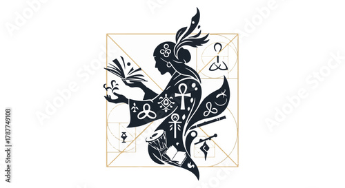 Mystical silhouette with ancient symbols and golden ratio, representing knowledge and spiritual growth.