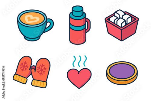 Winter Drink Icons. Winter Drinks modern flat icon set: latte cup, thermos, marshmallows, mittens, steam heart, table coaster.