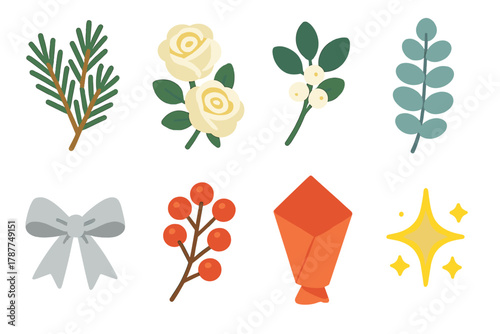 Winter Floral Icons. Winter Bouquets modern flat icon set: pine stems, ivory roses, mistletoe, frosted eucalyptus, silver ribbon, red berries, bouquet wrap, winter sparkles.