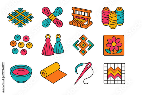 Vibrant Textile Icons. Global Textile Patterns modern flat icon set: woven fabric, embroidery thread, loom, colorful threads, beads, tassels, geometric motifs, floral print, dye