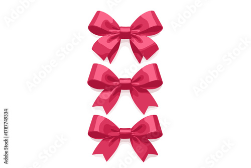 Three shiny magenta satin gift bows arranged vertically