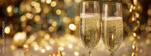 Close-up of two champagne flutes filled with bubbly wine against a festive golden background