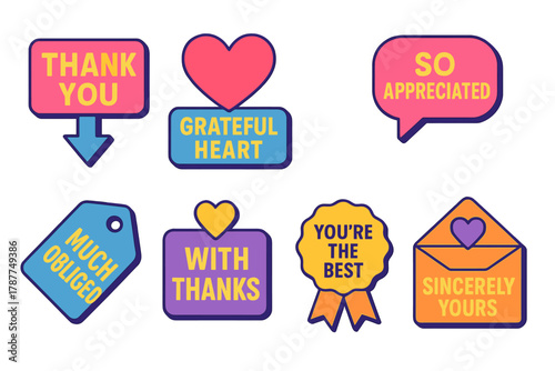 Colorful Gratitude Icons. Thank You Labels modern flat icon set: “Thank You, ” “Grateful Heart, ” “So Appreciated, ” “Much Obliged, ” “With Thanks, ” “You’re the Best, ” “Heartfelt