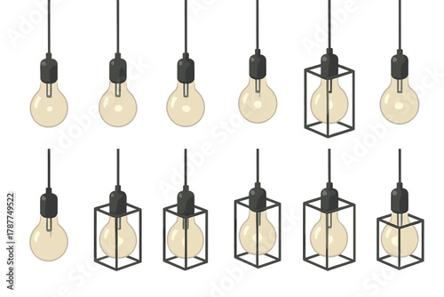 Minimal Isometric Icon Set. Modern Minimal modern flat icon set: clear glass bulbs, black cords, metal frame, hanging symmetry, neutral wall, open space, clean lines, soft glow,