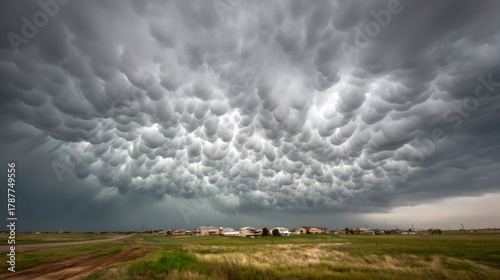 Mammatus clouds forming above a rural landscape with residential homes and open fields on a turbulent stormy day