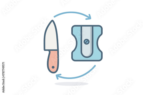 Kitchen knife sharpening process with circular motion arrows