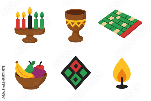 Kwanzaa Icon Set. Kwanzaa Traditions modern flat icon set: kinara, unity cup, woven mat, fruit offering, African design, candle flame.