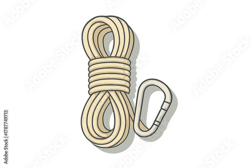 Coiled climbing rope and carabiner safety equipment set