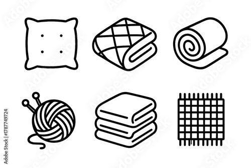 Comfort Material Icons. Comfort Materials outline icon set: velvet cushion, quilt, rolled fabric, wool thread, blanket stack, woven mat.