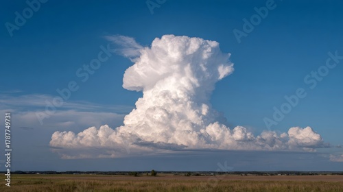 Huge cumulonimbus cloud forming a thunderhead over a vast landscape with a dry field and distant horizon