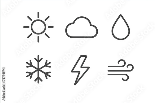 Six basic weather condition outline icons for forecast design elements