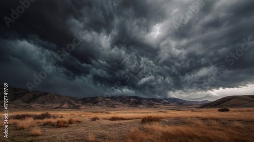 Storm clouds creating a dramatic, dark sky above a dry grassland and rolling hills under developing ominous weather
