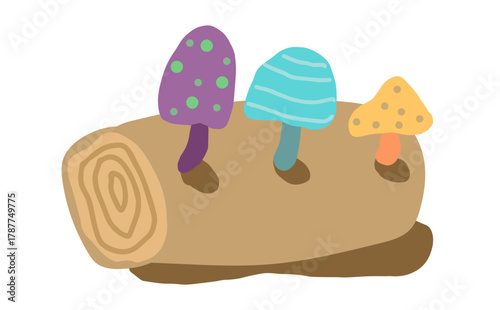 カラフルなきのこが木に付いているイラスト