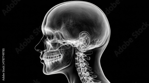 X-ray view of a human skull in profile against a black background.