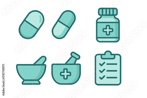 Pharmacy and medical treatment icons featuring pills, bottle, and mortar pestle