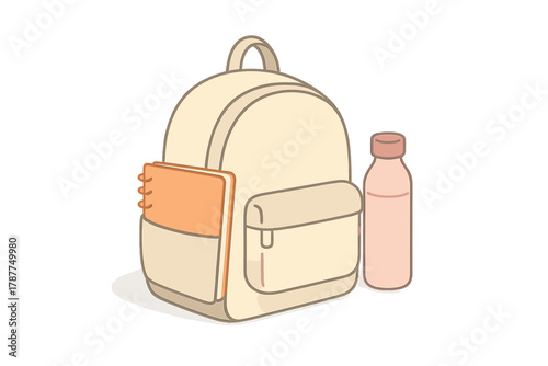 Beige backpack with spiral notebook and reusable water bottle