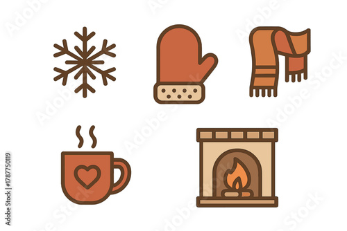Set of cozy winter icons featuring hot drink and warm fireplace