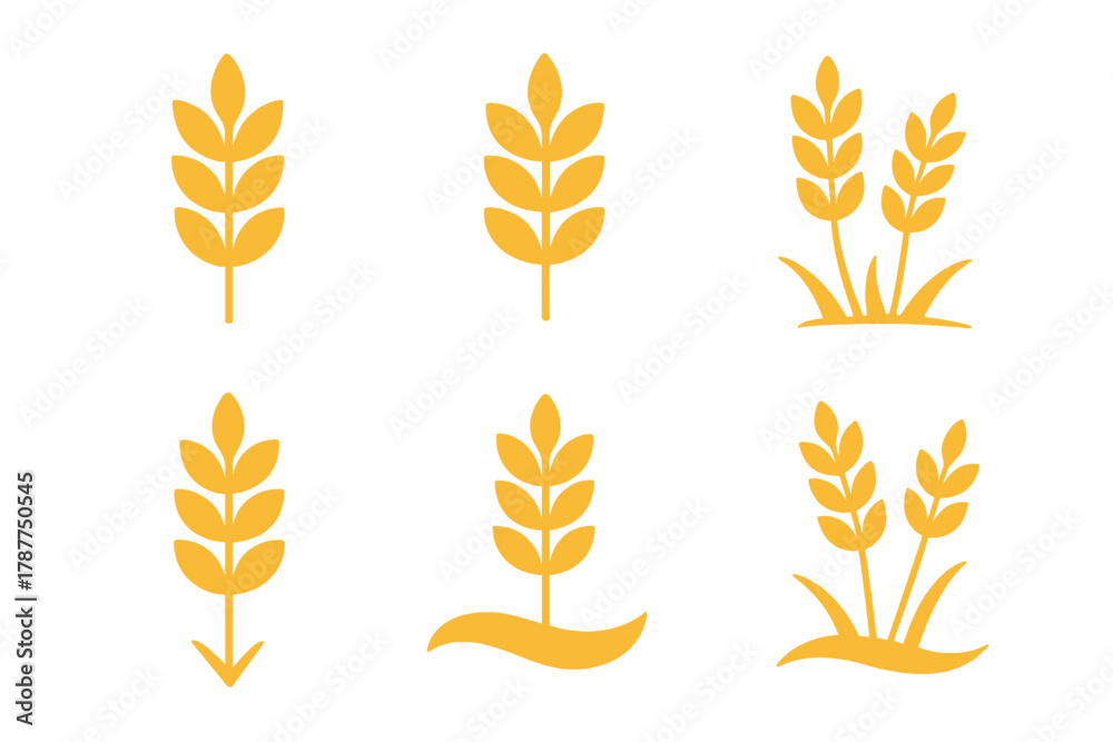 Fototapeta premium Stylized golden wheat ear icons and growing plant symbols set