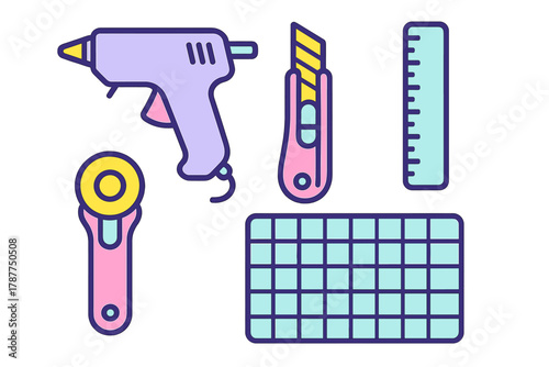 Assortment of crafting and sewing implements including glue gun and cutting mat