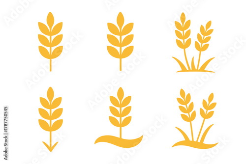 Stylized golden wheat ear icons and growing plant symbols set
