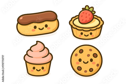 Set of Happy Kawaii Dessert Icons with Cheerful Pastry