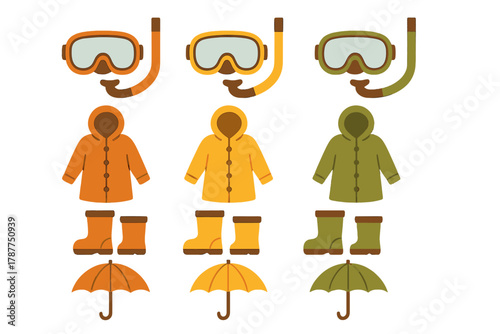 Colorful rain gear and snorkeling equipment icons collection