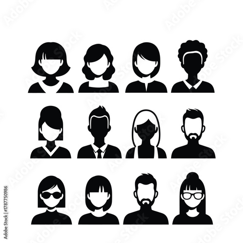 Vector art of diverse group of people avatars, representing various professions, ages, and styles in a simple and modern black silhouette design