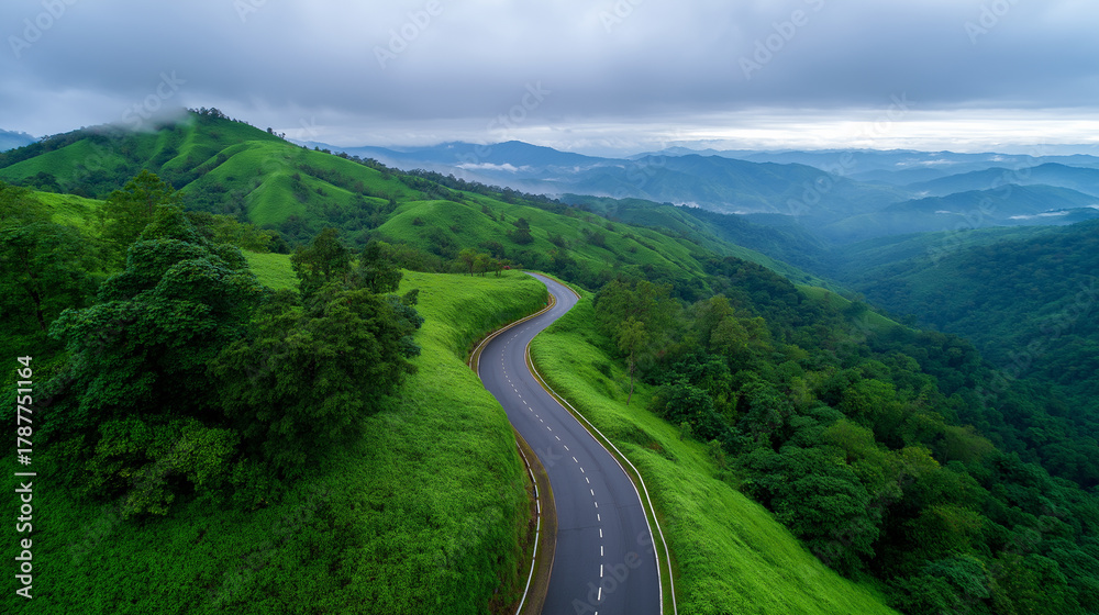 Obraz premium Curved mountain road winding through green forest valley seen from above. 