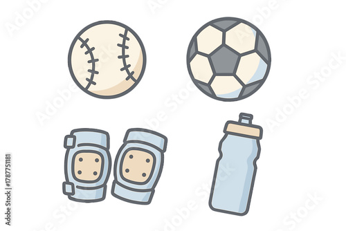 Set of essential sports equipment icons featuring baseball, soccer ball, pads, and water bottle