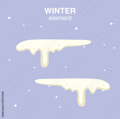 Two stylized winter snow elements with dripping icicles on a soft purple background with falling snowflakes.