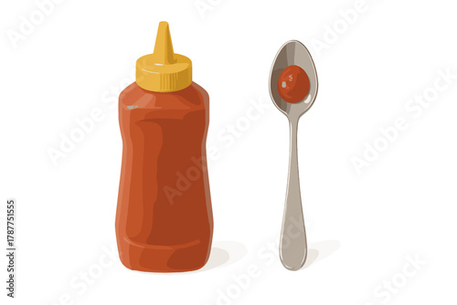 Condiment squeeze bottle and single drop of sauce on silver spoon