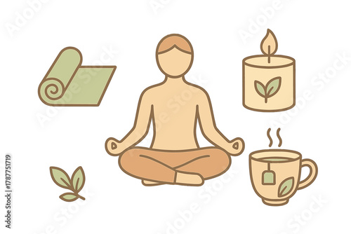 Meditation and wellness icons featuring yoga mat, candle, and herbal tea