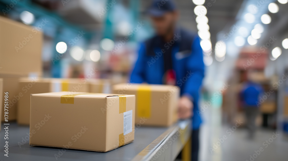 Fototapeta premium Man in reflective vest carrying cardboard box inside modern warehouse facility. 