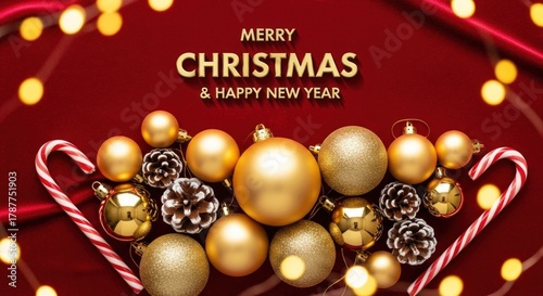 Merry Christmas and Happy New Year greeting with golden baubles and candy canes on a red background.