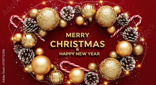Merry Christmas and Happy New Year greeting with golden baubles and pinecones.