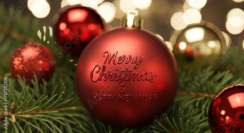 Red Merry Christmas ornament on a festive fir branch with glowing bokeh lights.