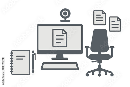 Home setup with monitor webcam and paperwork on desk