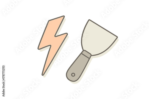 Simple lightning bolt and putty knife icons with sticker effect