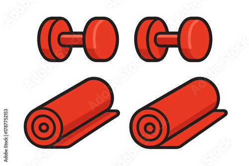 Red dumbbells and rolled yoga mats fitness equipment icons