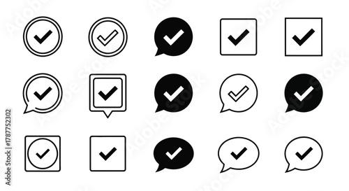 Vector art of collection of check mark icons in various shapes, representing confirmation, approval, and task completion in different designs