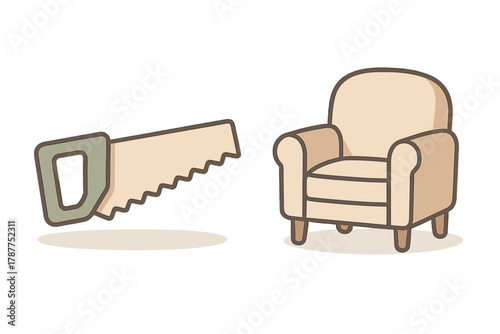 Hand saw and comfortable armchair furniture concept for home repair