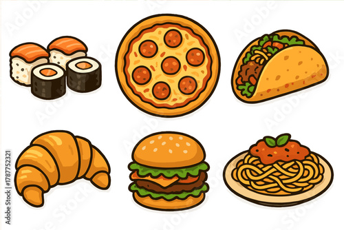 Popular international fast food and bakery items icon set