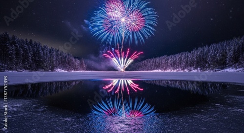 Vibrant Fireworks Exploding Over a Frozen Winter Lake at Night.