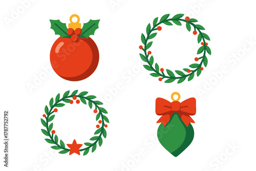 Collection of festive Christmas ornaments and holly berry wreaths icons