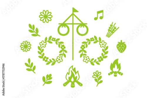 Set of green icons for summer solstice celebration elements