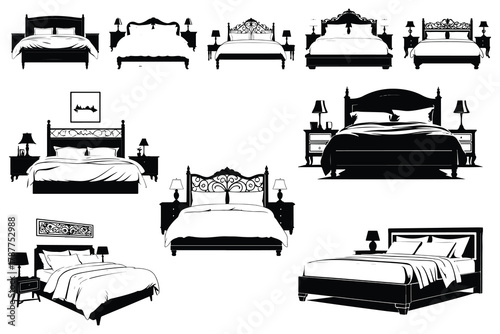 Collection of black silhouette beds with nightstands and lamps