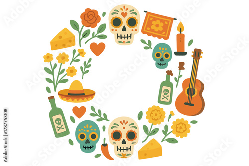Festive Day of the Dead elements arranged in a circular decorative frame