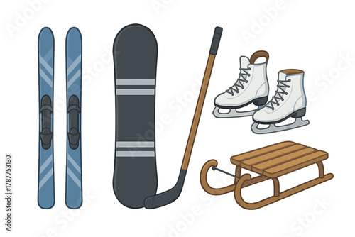 Collection of winter sports equipment including skis, snowboard, hockey stick, skates, and sled
