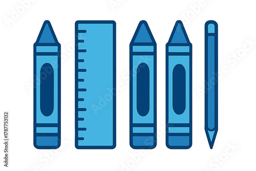 Set of blue drawing and measuring tools icons including crayons and ruler