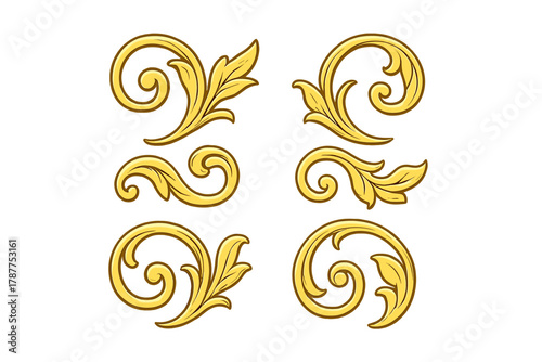 Six golden baroque acanthus scroll ornaments and flourishes for decoration